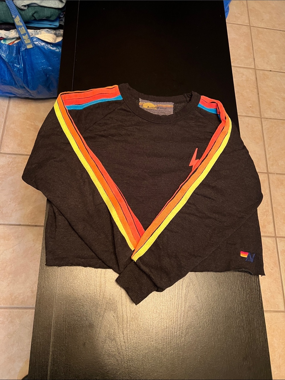 Aviator Nation Black Sweatshirt with Red Orange Yellow & Blue Stripes